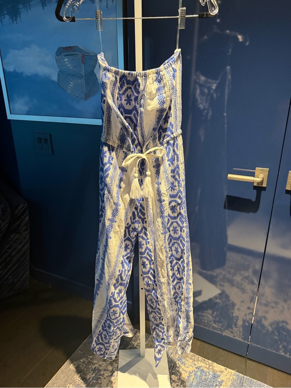 Elan Blue and White Printed Strapless Tassel Jumpsuit